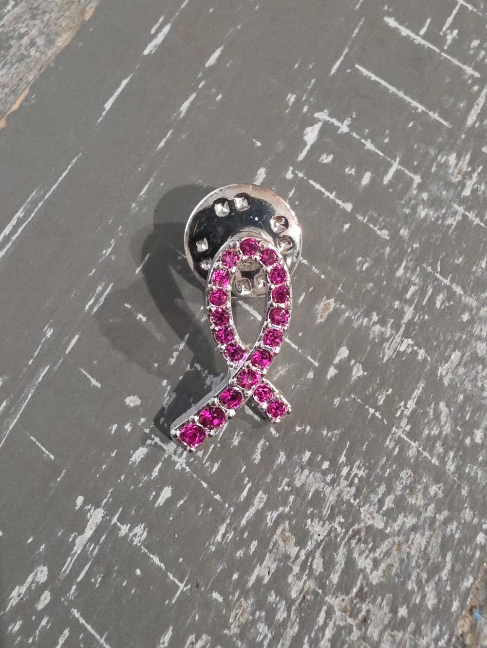 Vintage Breast Cancer Awareness Ribbon Pin Silver Tone Pink Rhinestone Lapel